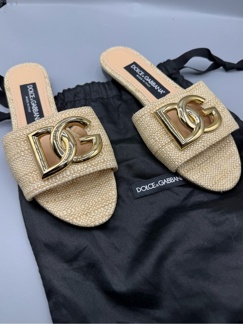Dolce & Gabbana Natural Raffia Slide Sandals with Gold DG Emblem